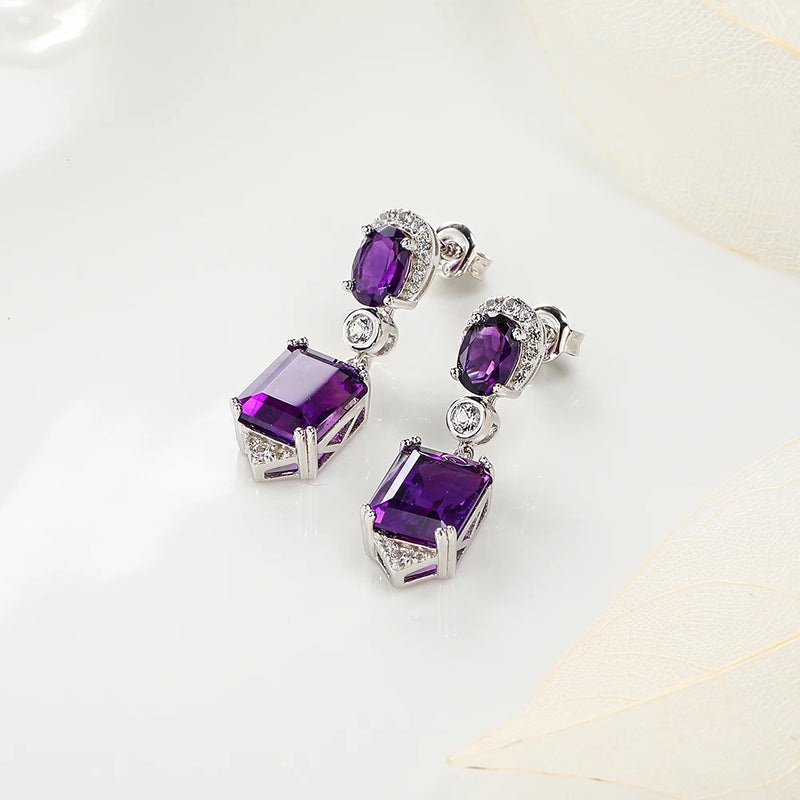 925 Sterling Silver Amethyst Drop Earrings for Women