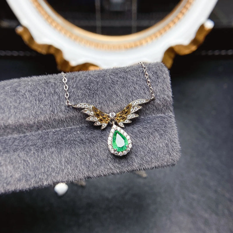 Sterling Silver Emerald Wing Pendant Necklace for Women