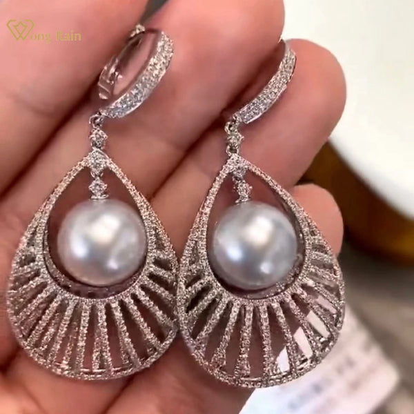 Wong Rain Classic 925 Sterling Silver 10-11 MM Natural Pearl High Carbon Diamond Gemstone Water Drop Earrings Customized Jewelry