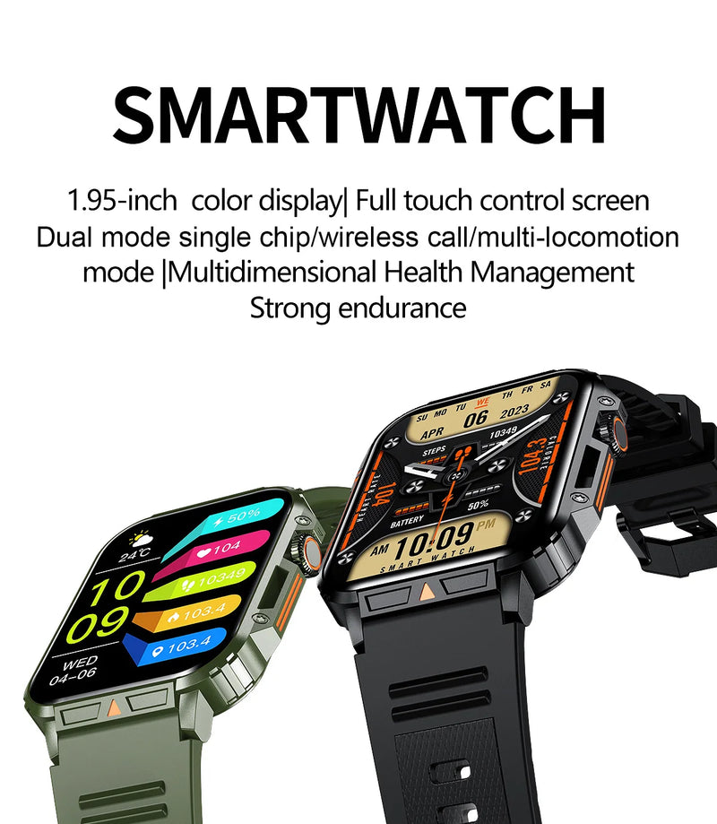 Smart Outdoor Military Watch for Sports Fitness with AI Voice, Waterproof & Bluetooth Call