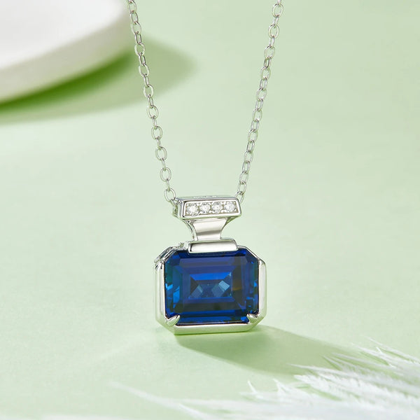 925 Sterling Silver Emerald Cut 4 CTW Sapphire High Carbon Diamond Pendant Necklace for Women