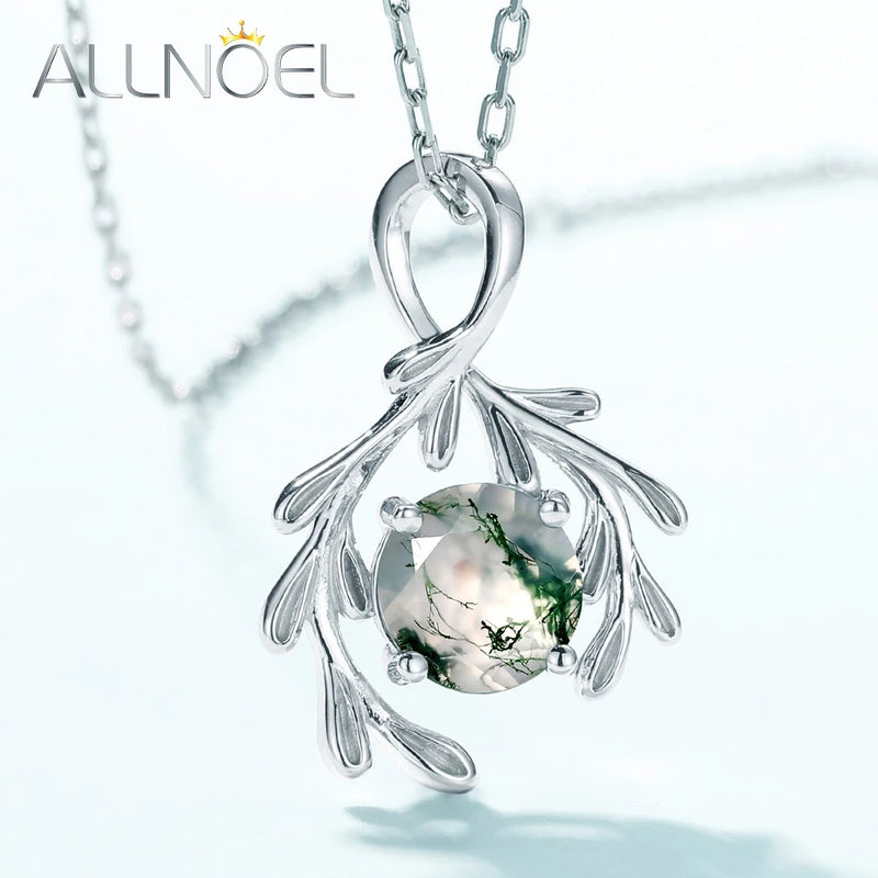 925 Sterling Silver Green Moss Agate Pendant Necklace for Women