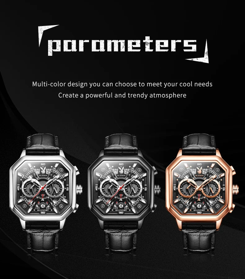 Stainless Steel Leather Strap Multifunction Quartz Watch for Men.