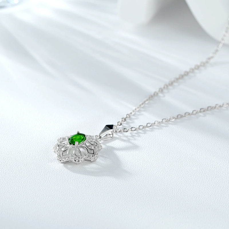 925 Sterling Silver Diopside Flower Pendant Necklace for Women.