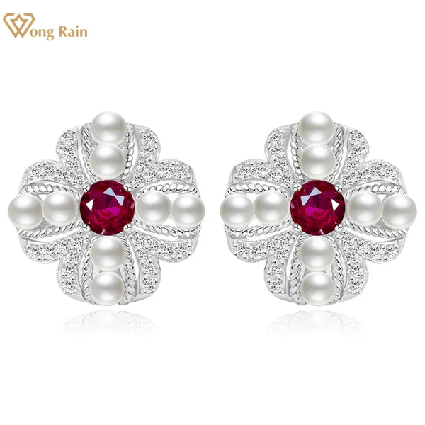 Sterling Silver Sapphire Ruby Pearl Flower Studs Earrings for Women