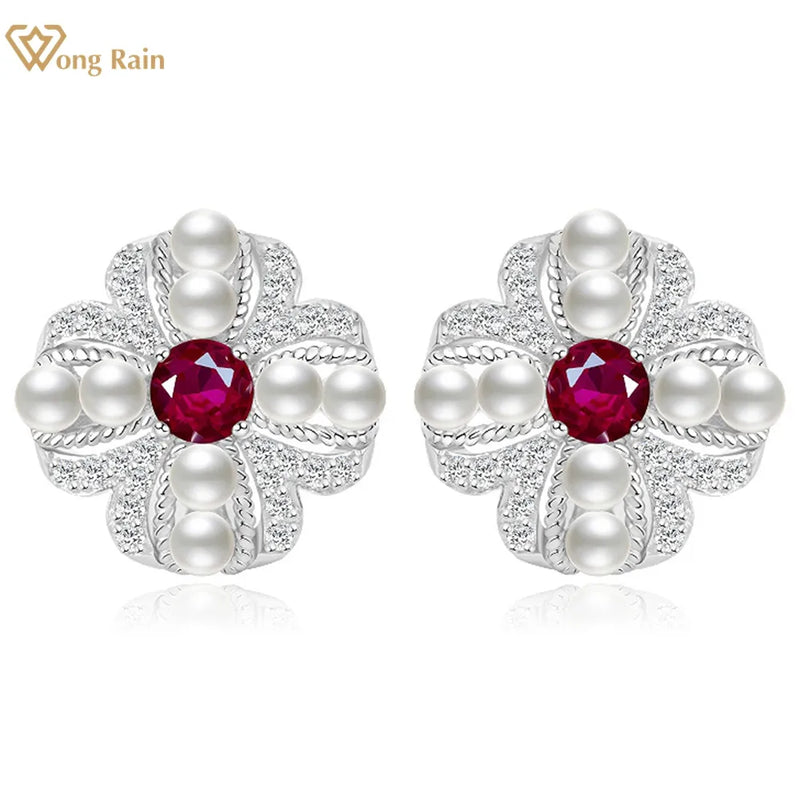 Sterling Silver Sapphire Ruby Pearl Flower Studs Earrings for Women