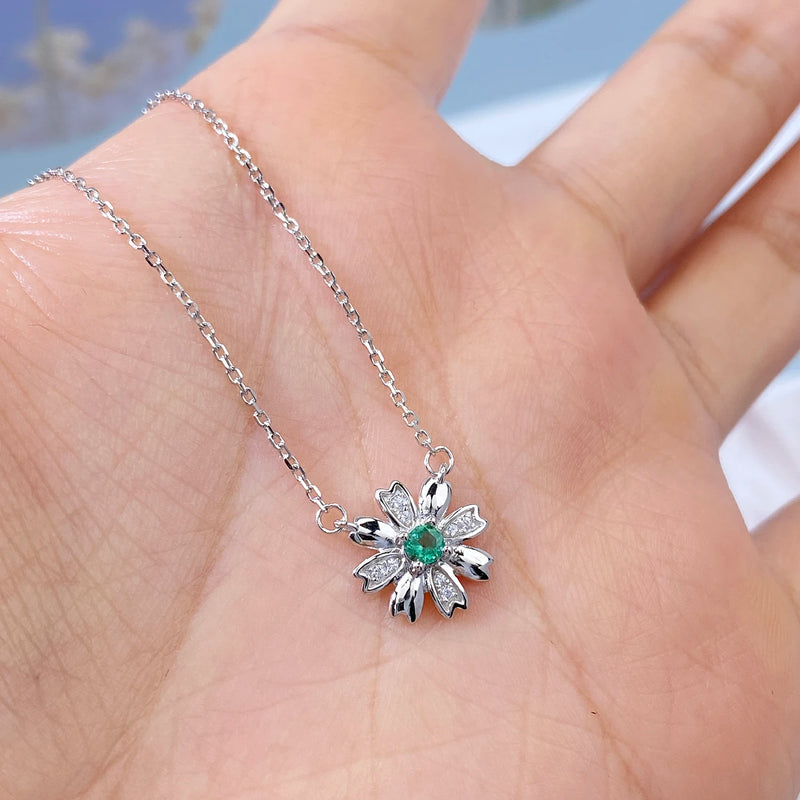 925 Sterling Silver Emerald Chrysanthemum Pendant Necklace for Women