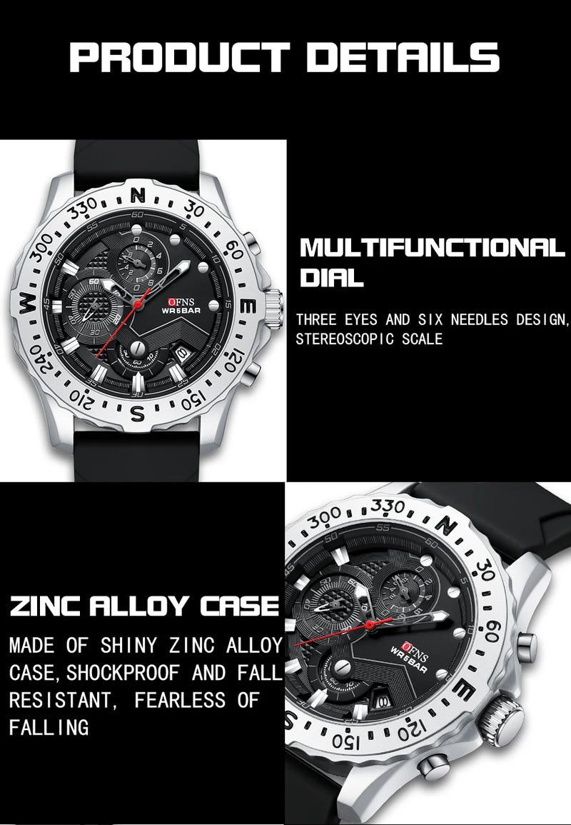 Stainless Steel Military Quartz Chronograph Wristwatch for Men