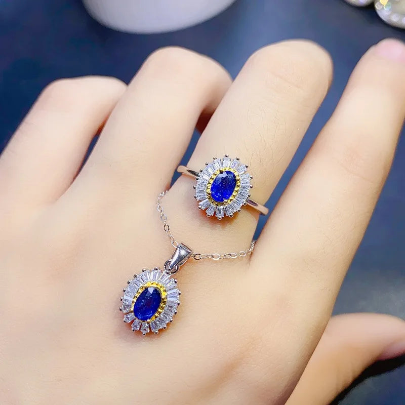 Sterling Silver Natural Sapphire 4mm x 6mm Sunflower Jewelry Set for Women