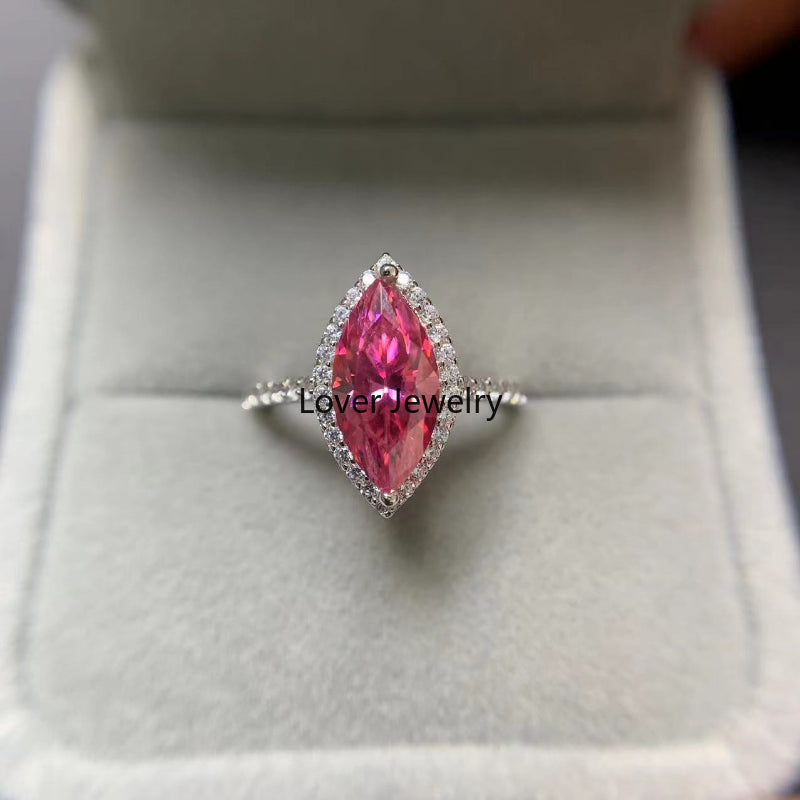 Silver 925 1-2 ctw Brilliant Cut Diamond & Pink Marquise Moissanite Ring for Women