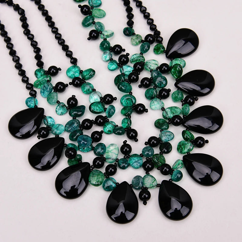 Sterling Silver Green Crystal and Black Onyx Stone Necklace for Lady