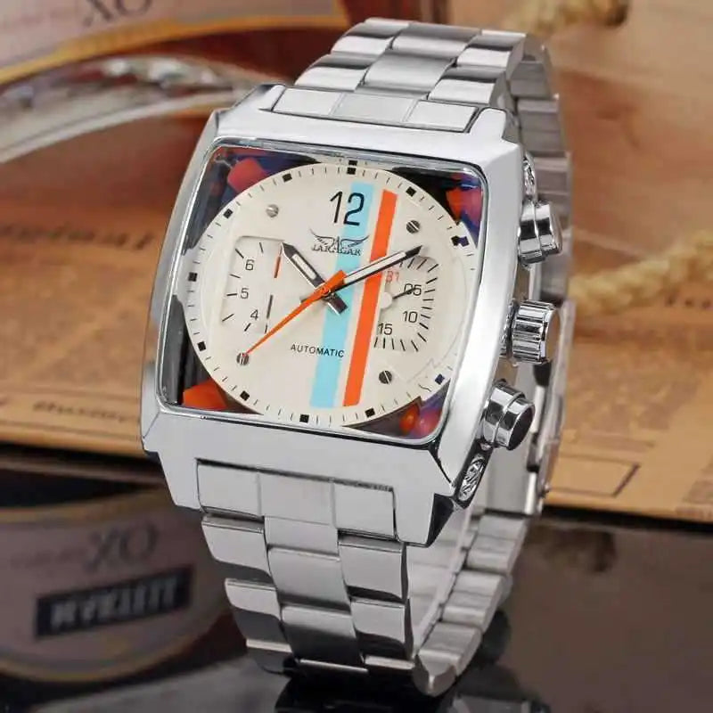 Stainless Steel Square Automatic Mechanical Watch with Date and Week for Men