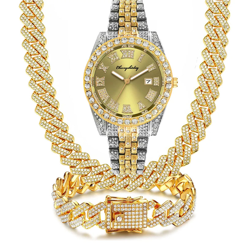 Gold Silver Diamond Iced Out Cuban Chain Watch and Jewelry Set for Men