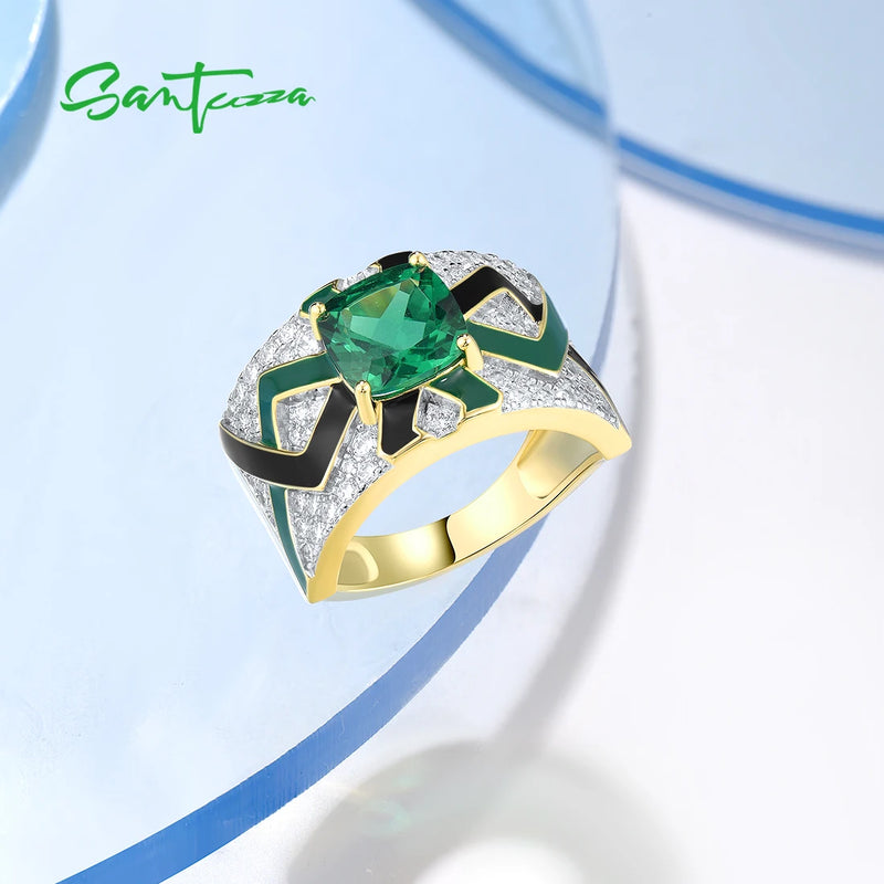 Sterling Silver Green Spinel Enamel Ring Set for Women