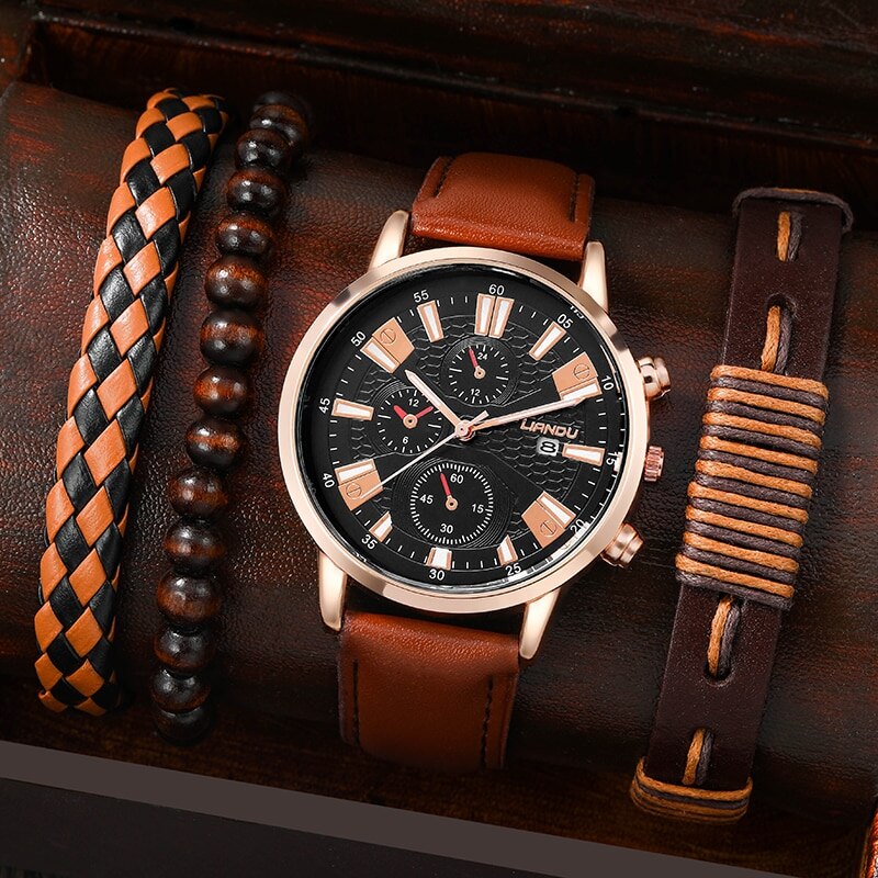 Stainless Steel Round Quartz Watch with PU Leather Bracelet for Men