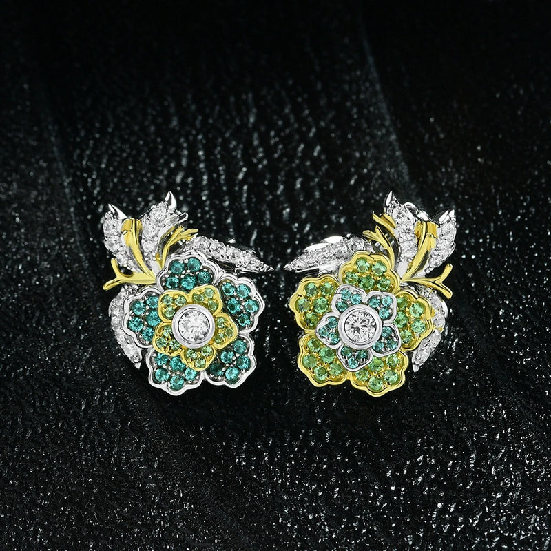 18K Gold Plated Sterling Silver Flower Lab Sapphire Clip Earrings for Women