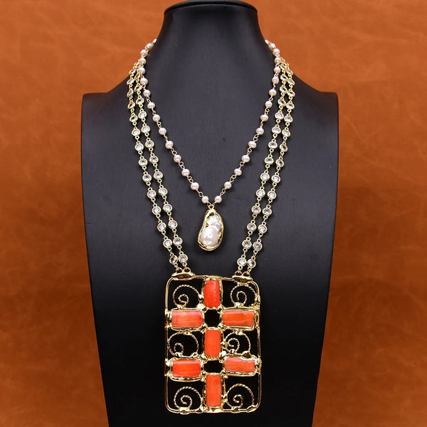 White Gold 2 Rows Keshi Pearl & Zirconia Chain Necklace with Coral Crucifix Pendant for Women