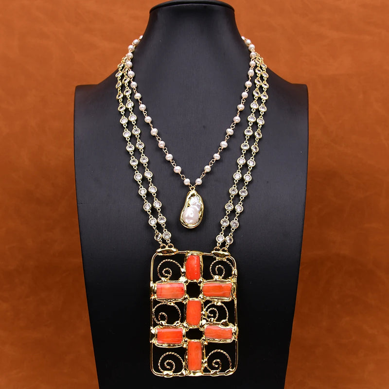 White Gold 2 Rows Keshi Pearl & Zirconia Chain Necklace with Coral Crucifix Pendant for Women