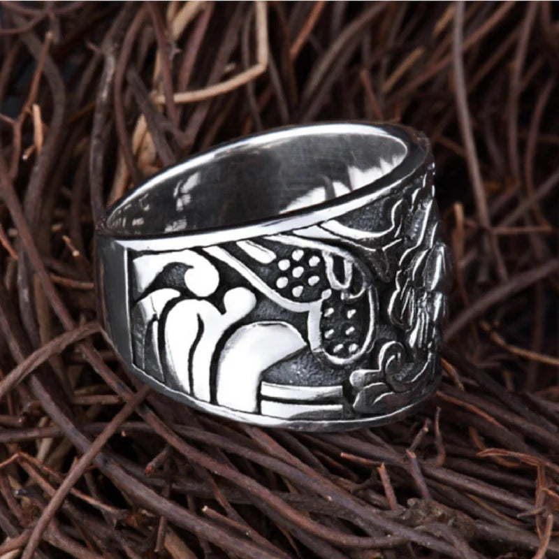 Sterling Silver Carved Flower Wide Ring Band for Men