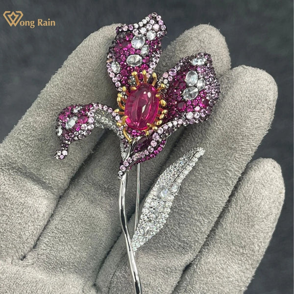 Wong Rain 925 Sterling Sliver Oval Ruby Sapphire High Carbon Diamond Gemstone Flower Brooch Brooches Jewelry Anniversary Gifts
