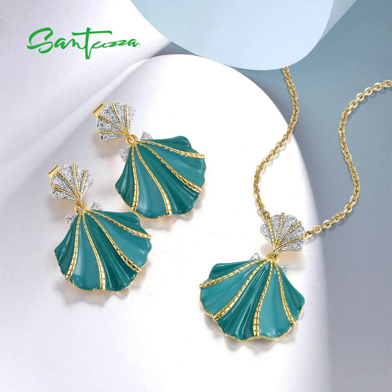 Sterling Silver Greenish Enamel Shell Pendant Earrings Set for Women