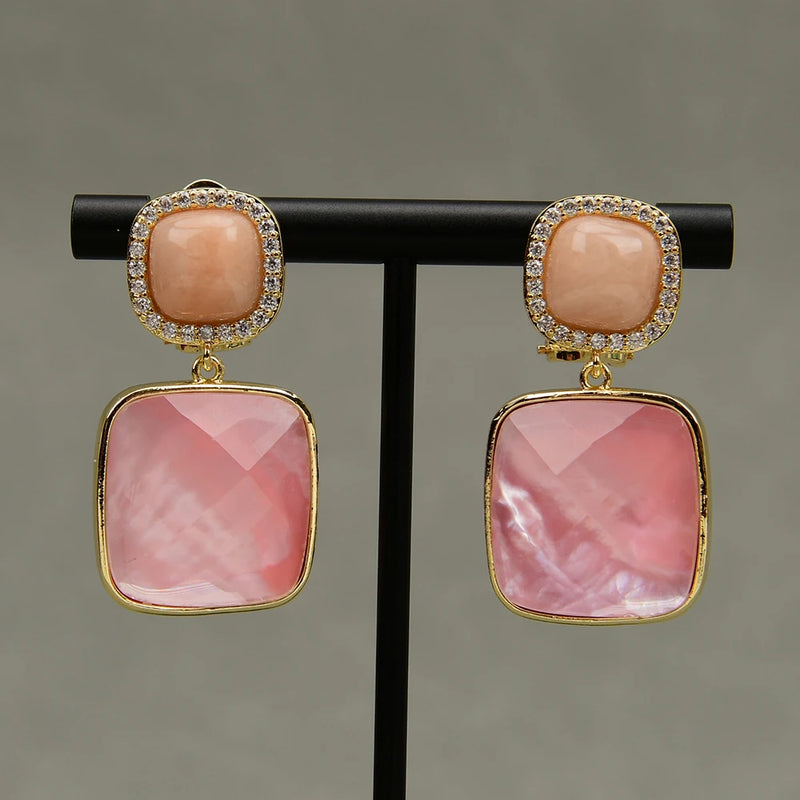 Sterling Silver Natural Pink Sea Shell Pearl & Pink Aventurine CZ Square Drop Earrings for Women