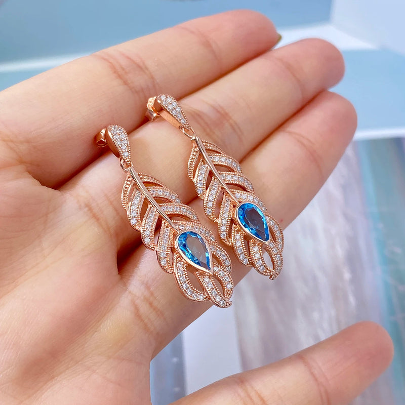 Rose Gold Plated Sterling Silver Feather Dangling Earrings with Blue Topaz for Women