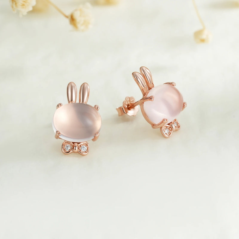 Sterling Silver Rose Gold Plated Pink Rose Quartz Stud Earrings for Women