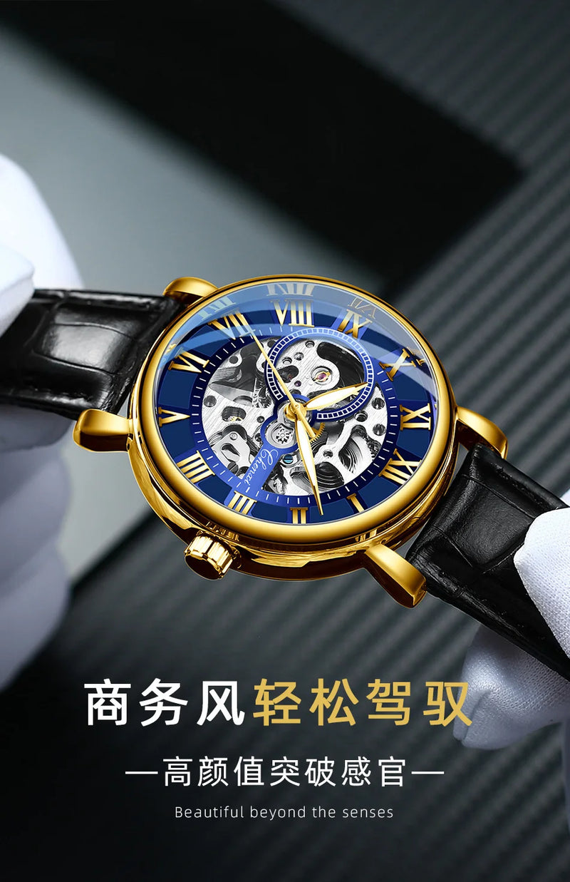 Stainless Steel Skeleton Automatic Luminous Mechanical Watch for Men