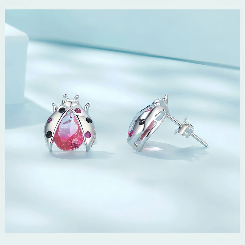 S925 Sterling Silver Pink Ladybug Stud Earrings for Woman