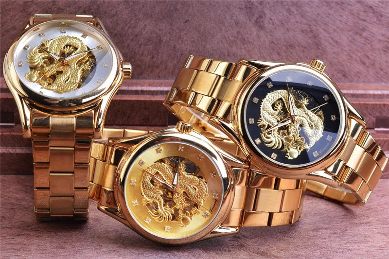 Golden Stainless Steel Skeleton Automatic Mechanical Watch for Men