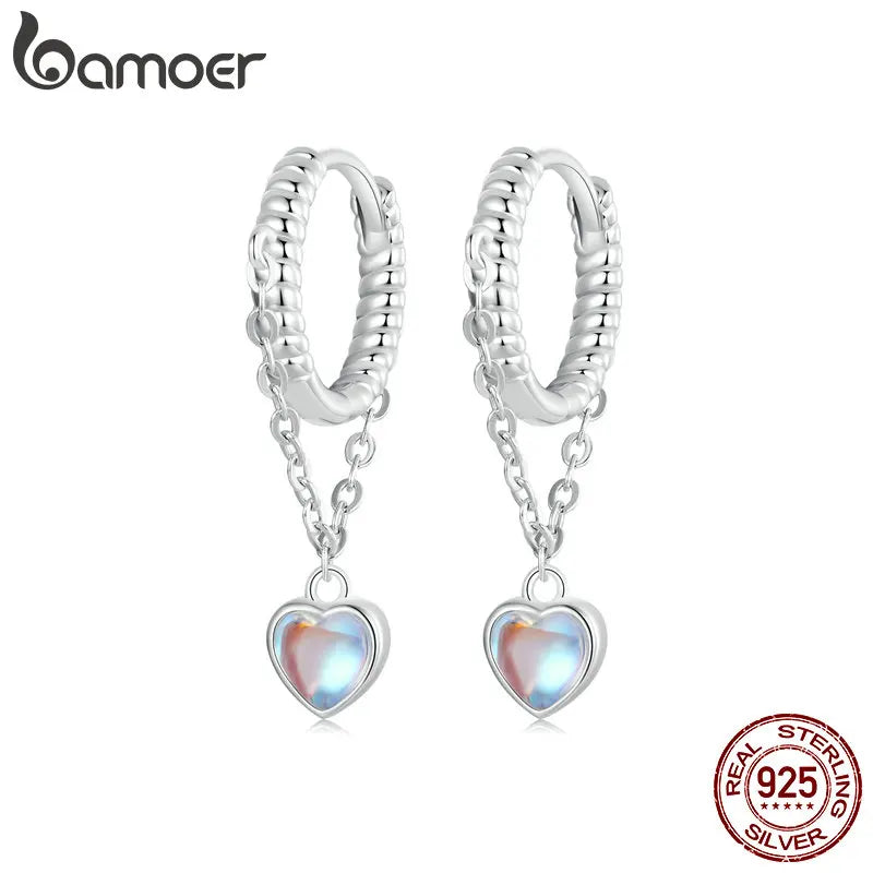 White Gold Plated Sterling Silver Moonstone Drop Huggie Earrings for Women