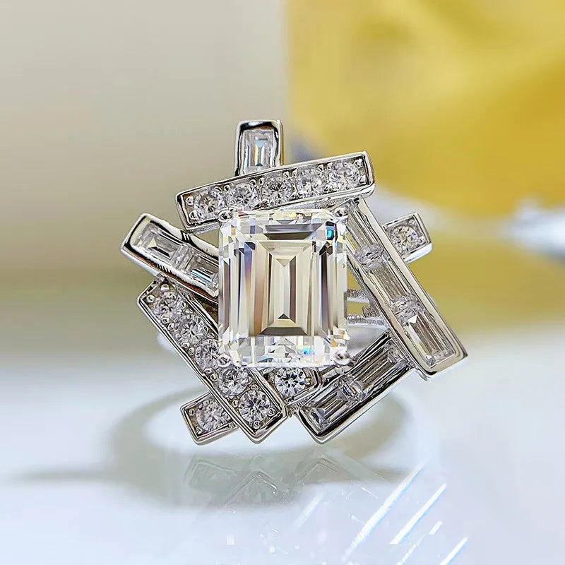 Sterling Silver 4 Carat Emerald Cut Diamond Geometric Ring for Women