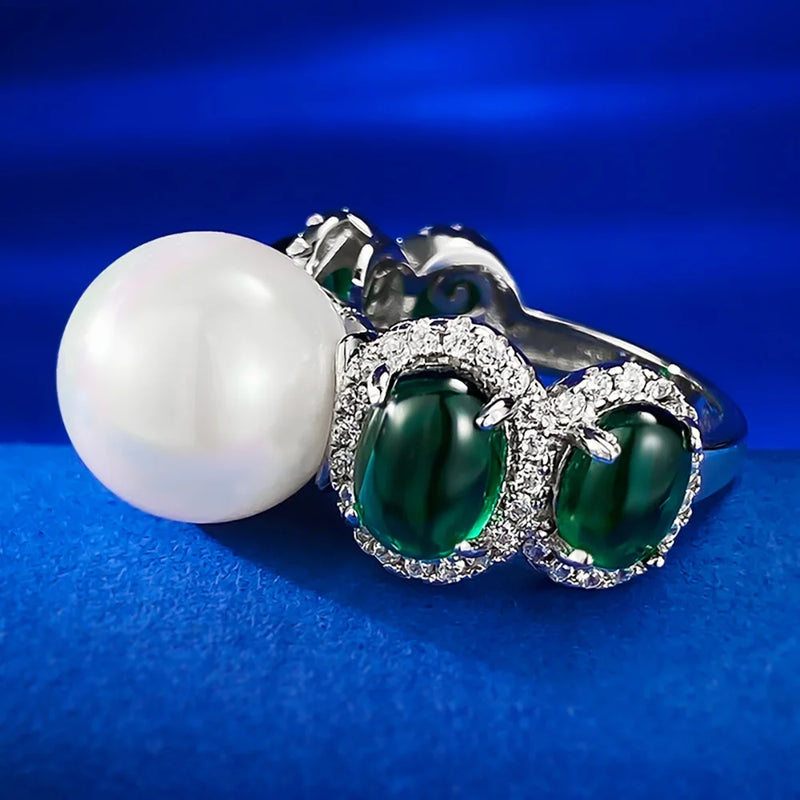 Solid 925 Silver Round Pearl & Emerald Ring for Women