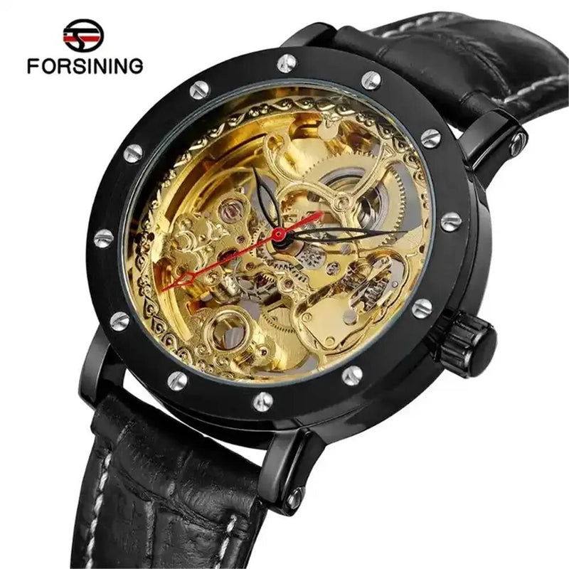 Stainless Steel Leather Skeleton Hollow Watch for Men