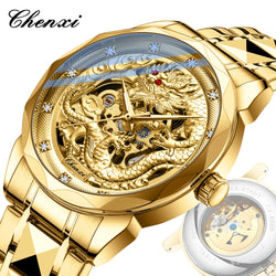 Gold Stainless steel 3D embossed dragon pattern automatic mechanical watch for Men