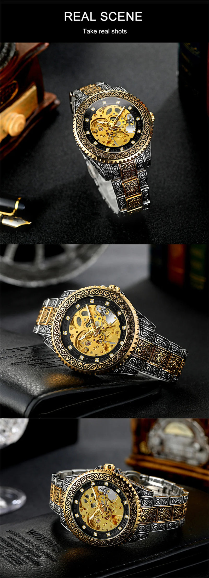 Stainless Steel Gold Automatic Mechanical Watch for Men