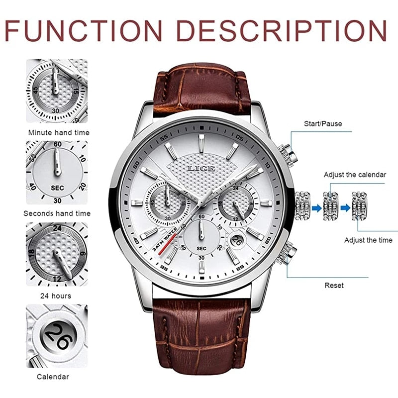 Stainless Steel Leather Casual Quartz Watch with Date & Chronograph for Men