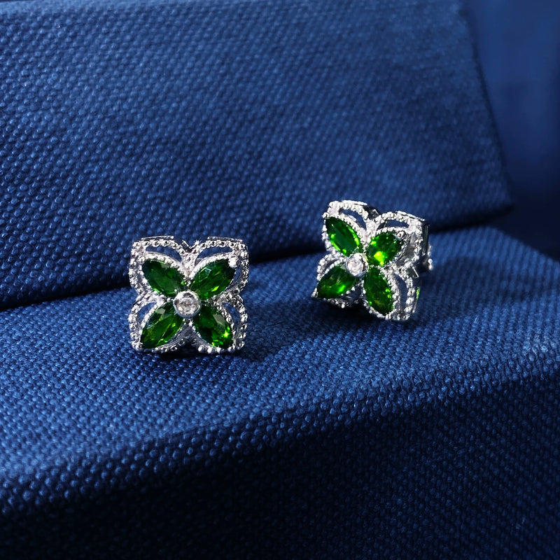 925 Silver Natural Mariquesa Diopside Stud Earrings with Four Leaf Clover Flower Design for Women