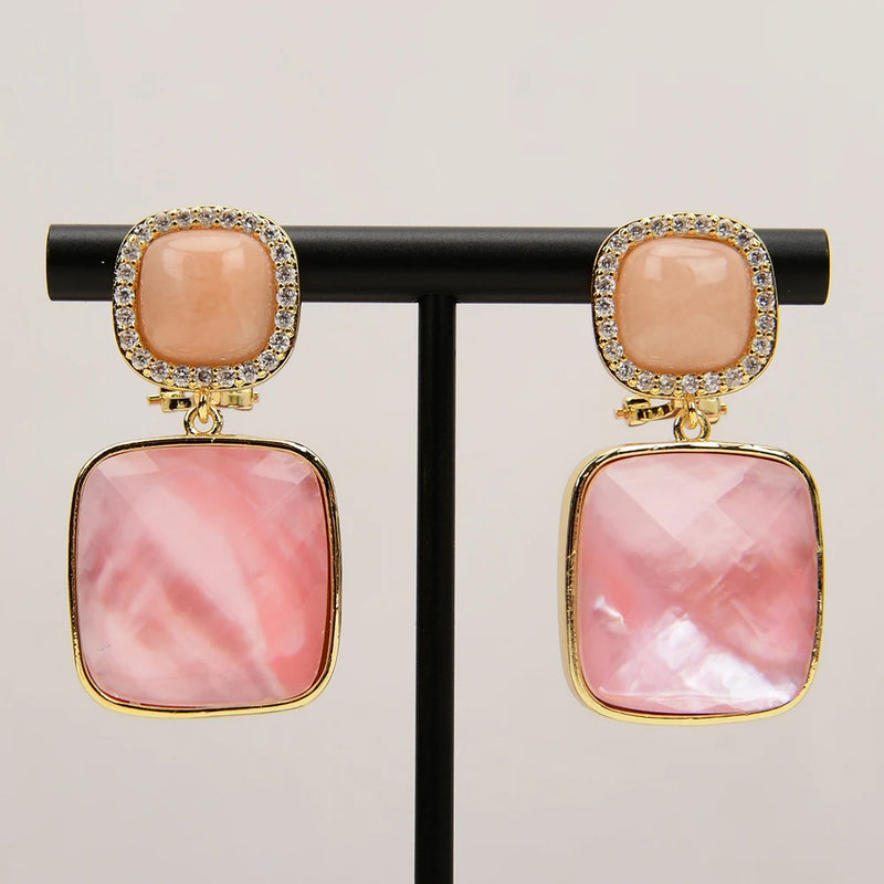 Sterling Silver Natural Pink Sea Shell Pearl & Pink Aventurine CZ Square Drop Earrings for Women