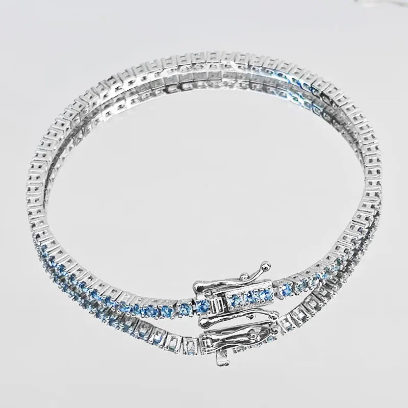 925 Sterling Silver 5A Zircon Tennis Bracelet, Aqua Blue, 2MM, 16-17CM for Women