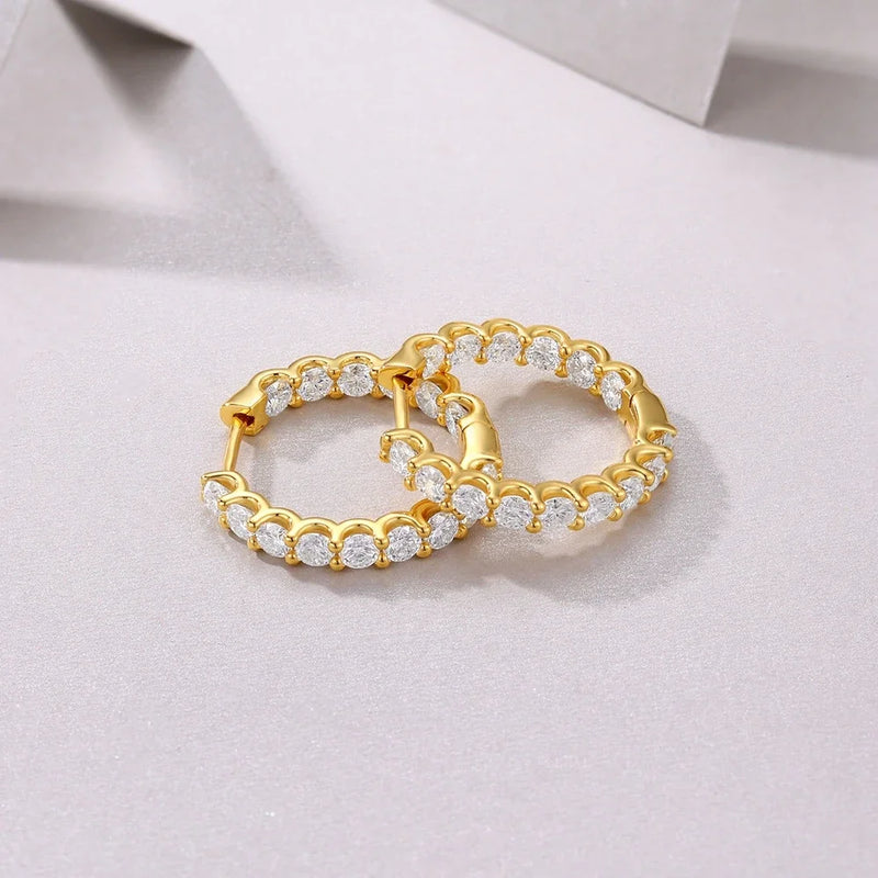 925 Sterling Silver, 18K Gold Plated, 3MM, Moissanite Hoop Earrings for Women