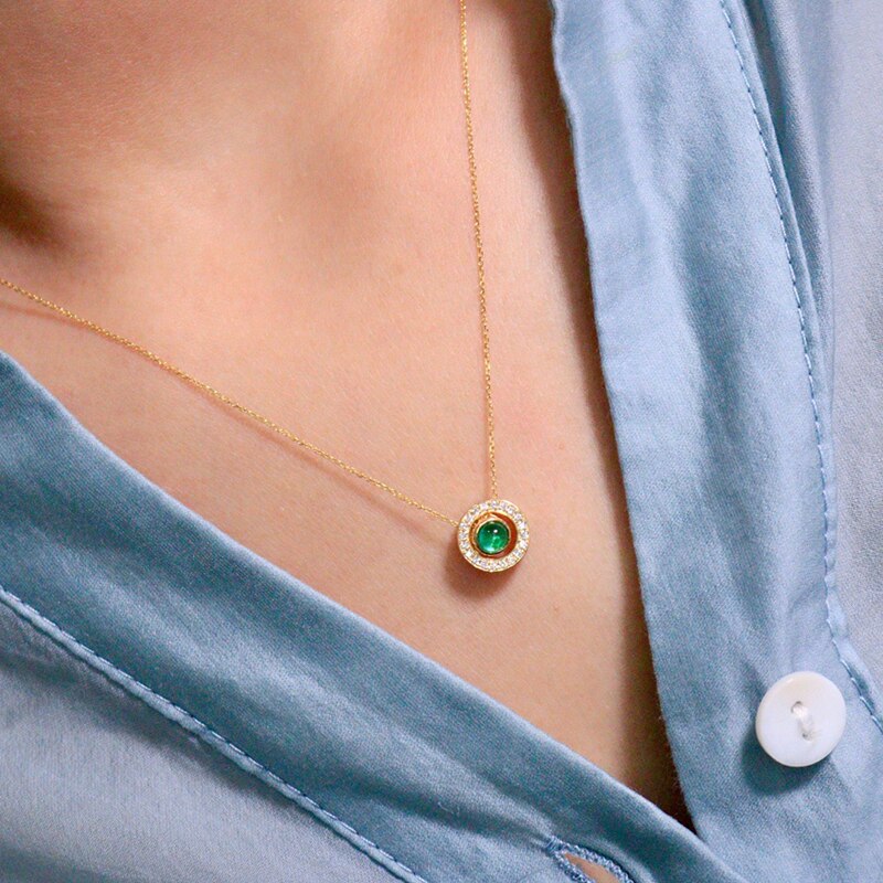 18K Yellow Gold Emerald and Diamond Pendant for Women