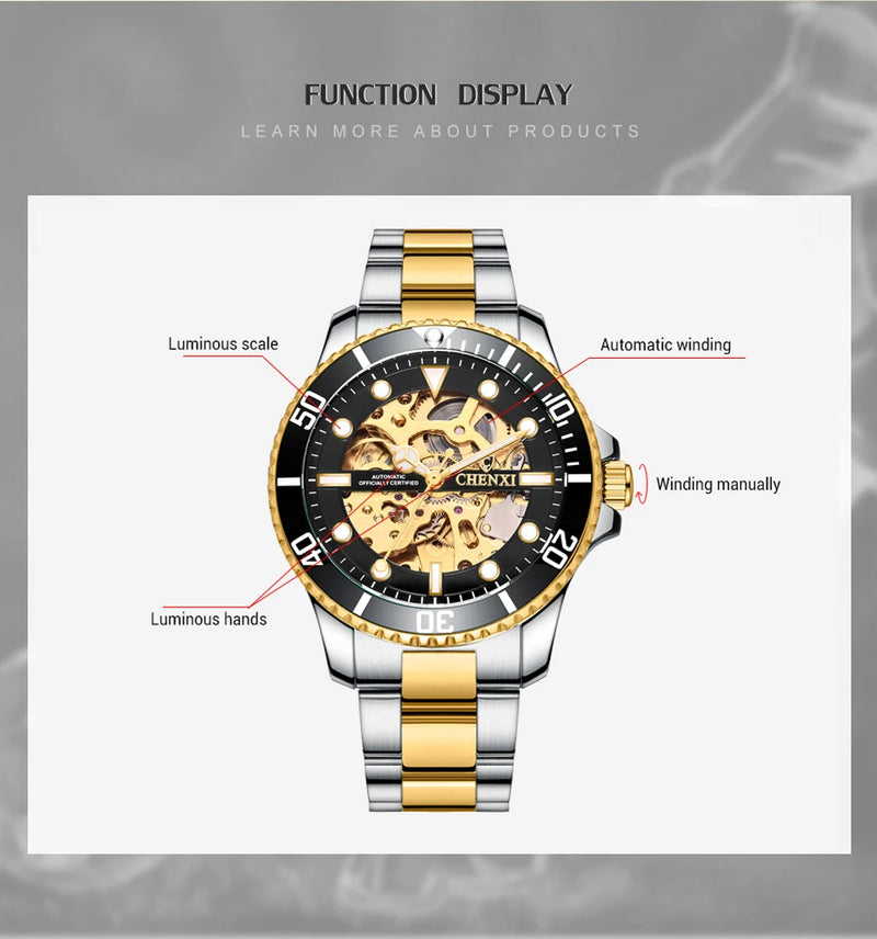 Stainless Steel Hollow Out Automatic Mechanical Watch for Men