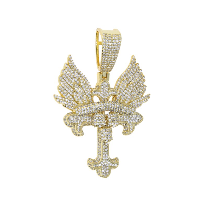 Gold Plated Cubic Zirconia Halo Wings Pendant Necklace for Men