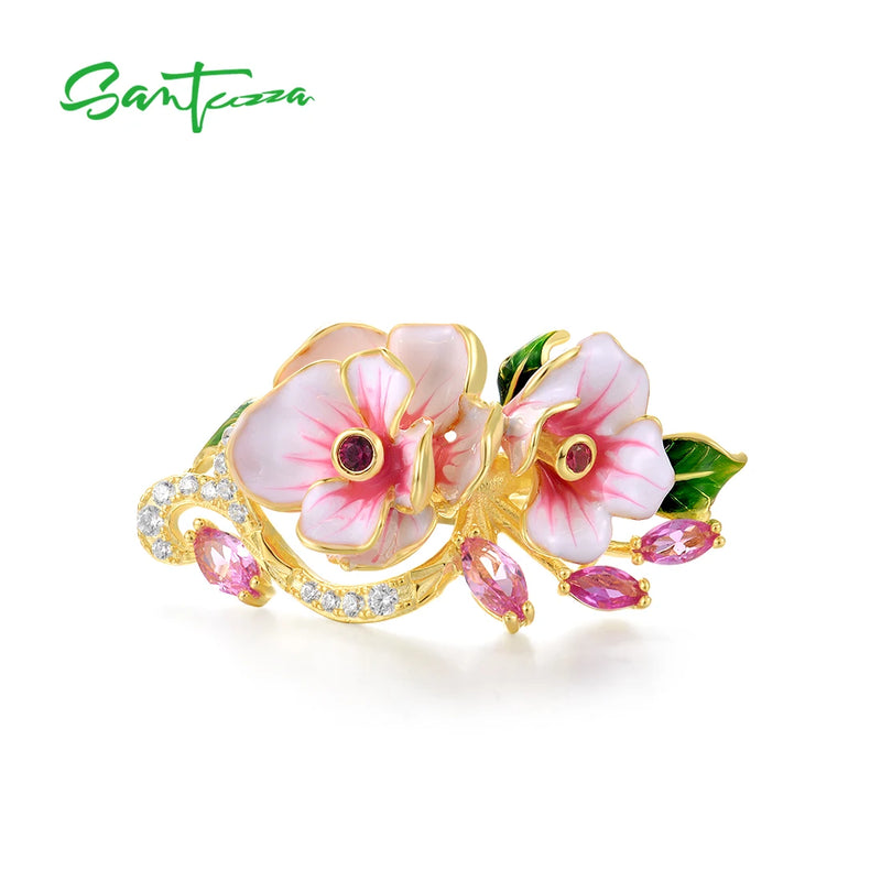 Sterling Silver Red Pink Stone and White CZ Enamel Flower Ring for Women