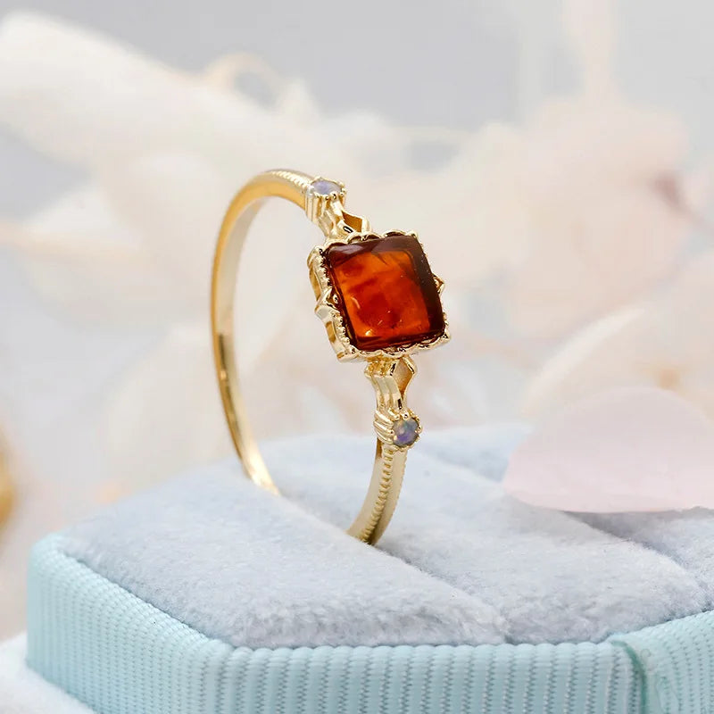 925 Sterling Silver Gold Vermeil Synthetic Amber Square Ring for Women