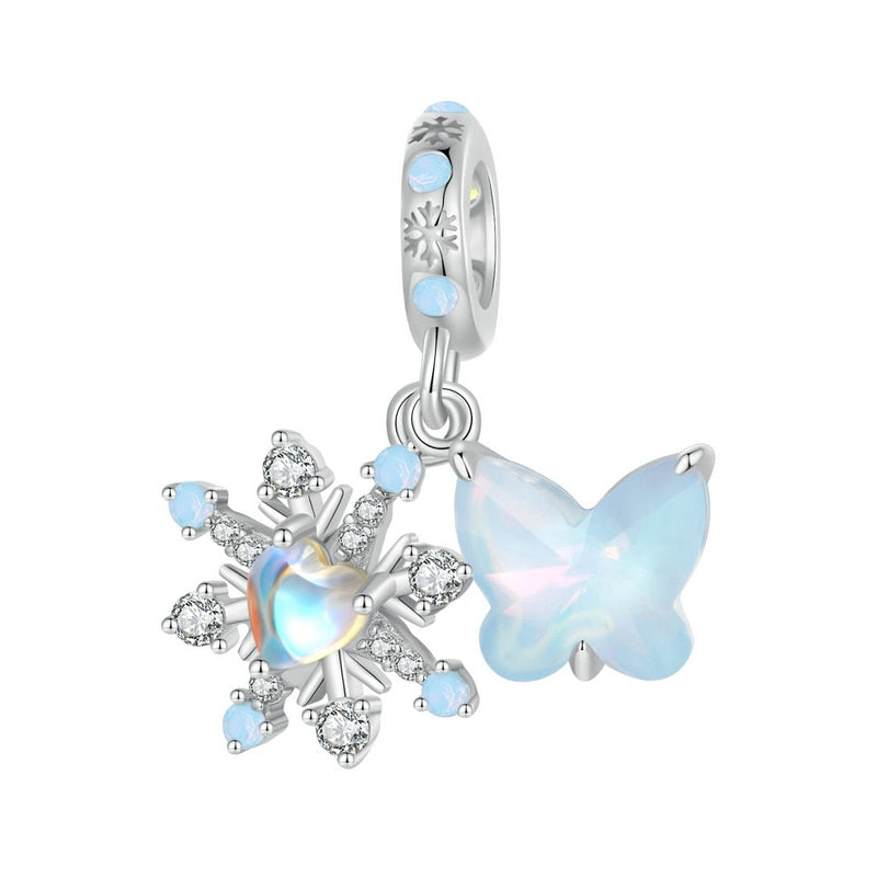 Sterling Silver Snowflake Pendant Charm, Ice Rainbow Beads for Women