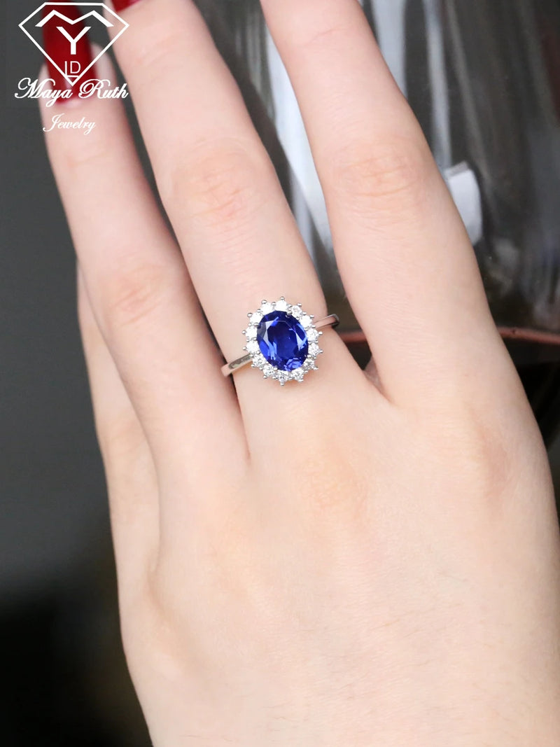 925 Sterling Silver Blue Sapphire Halo Oval Ring for Women