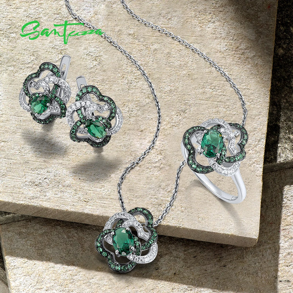 925 Sterling Silver Green Spinel White CZ Pendant, Earrings and Ring Jewelry Set For Women